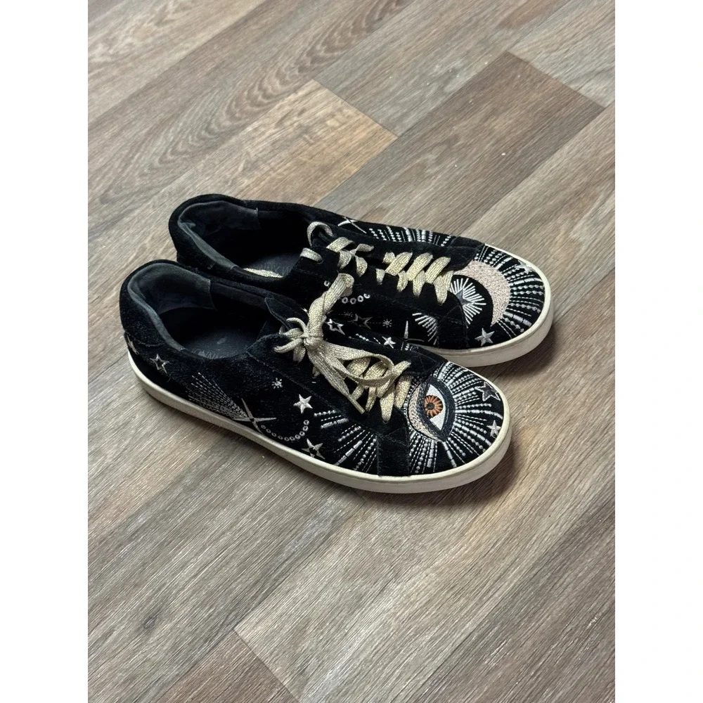Johnny Was Black Suede Celestial Embroidered Sneakers Evil Eye Womens 7
